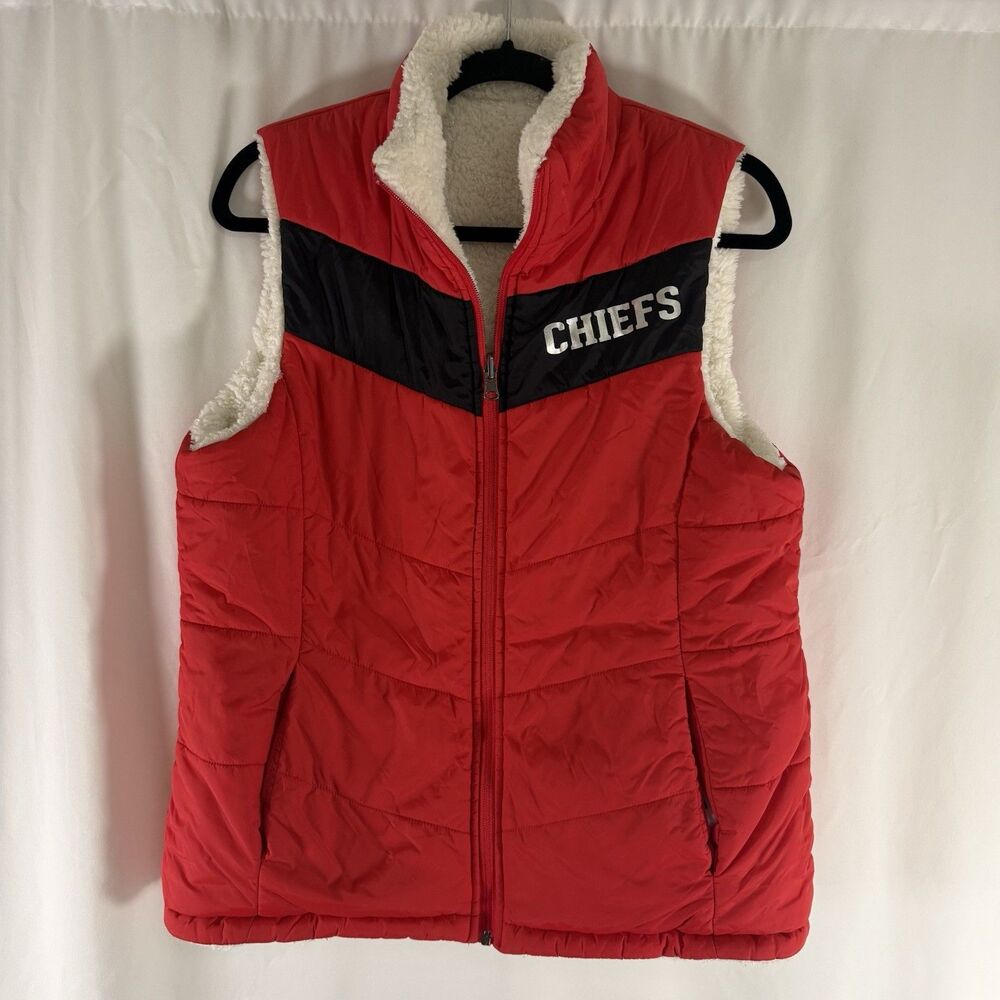 KC Chiefs Sherpa Puffer Vest Women Medium Full Zip GIII 4 Her Pockets Reversible